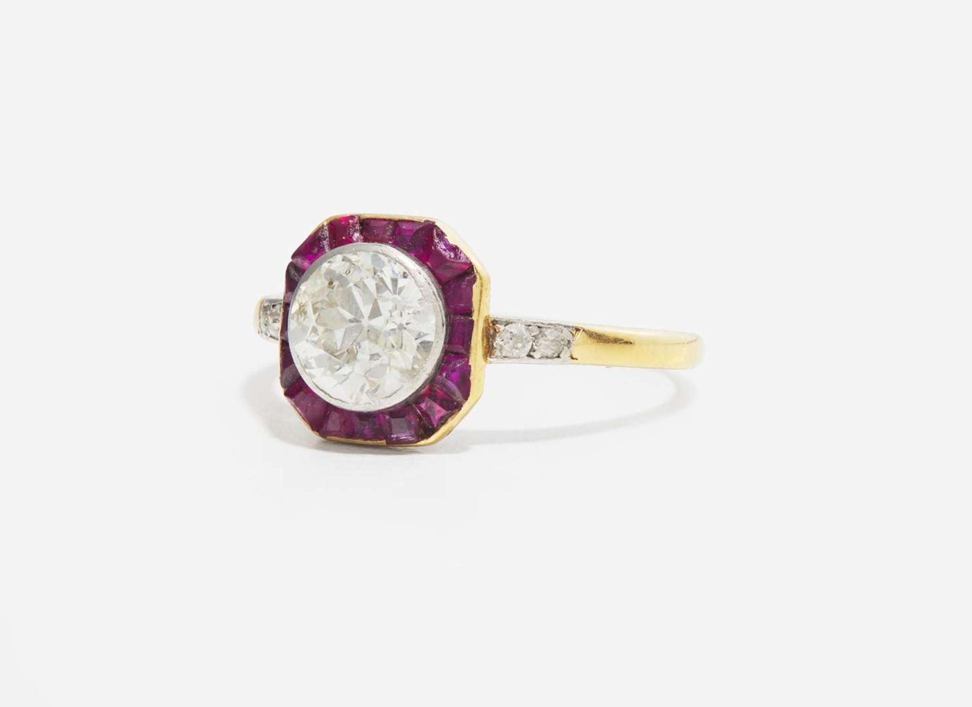 An Art Deco Ladies 14K Yellow Gold, Diamond, and Ruby Ring