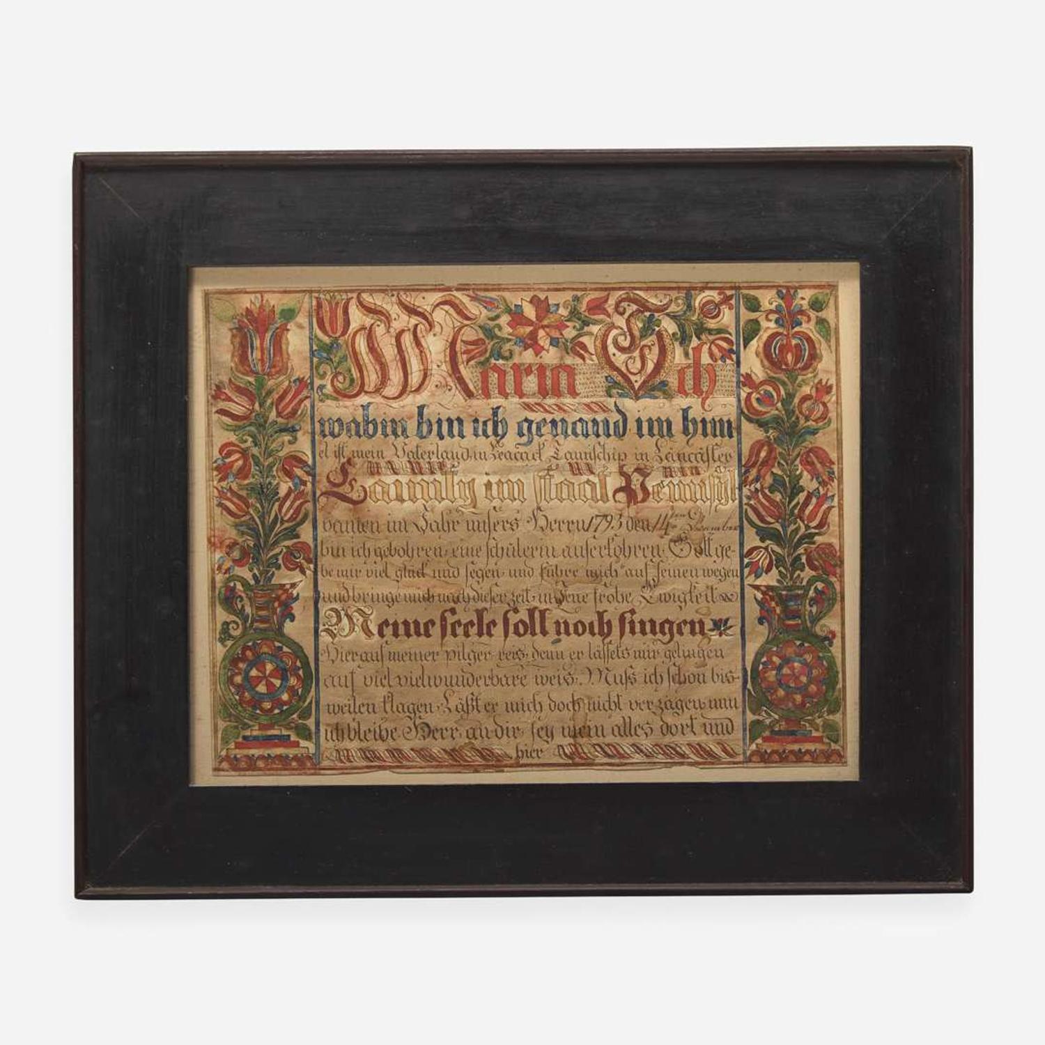 Attributed to the Leacock Township Artist A Fraktur birth record and blessing for Maria Schwab, Leacock Township, Lancaster County, PA, dated "1793"