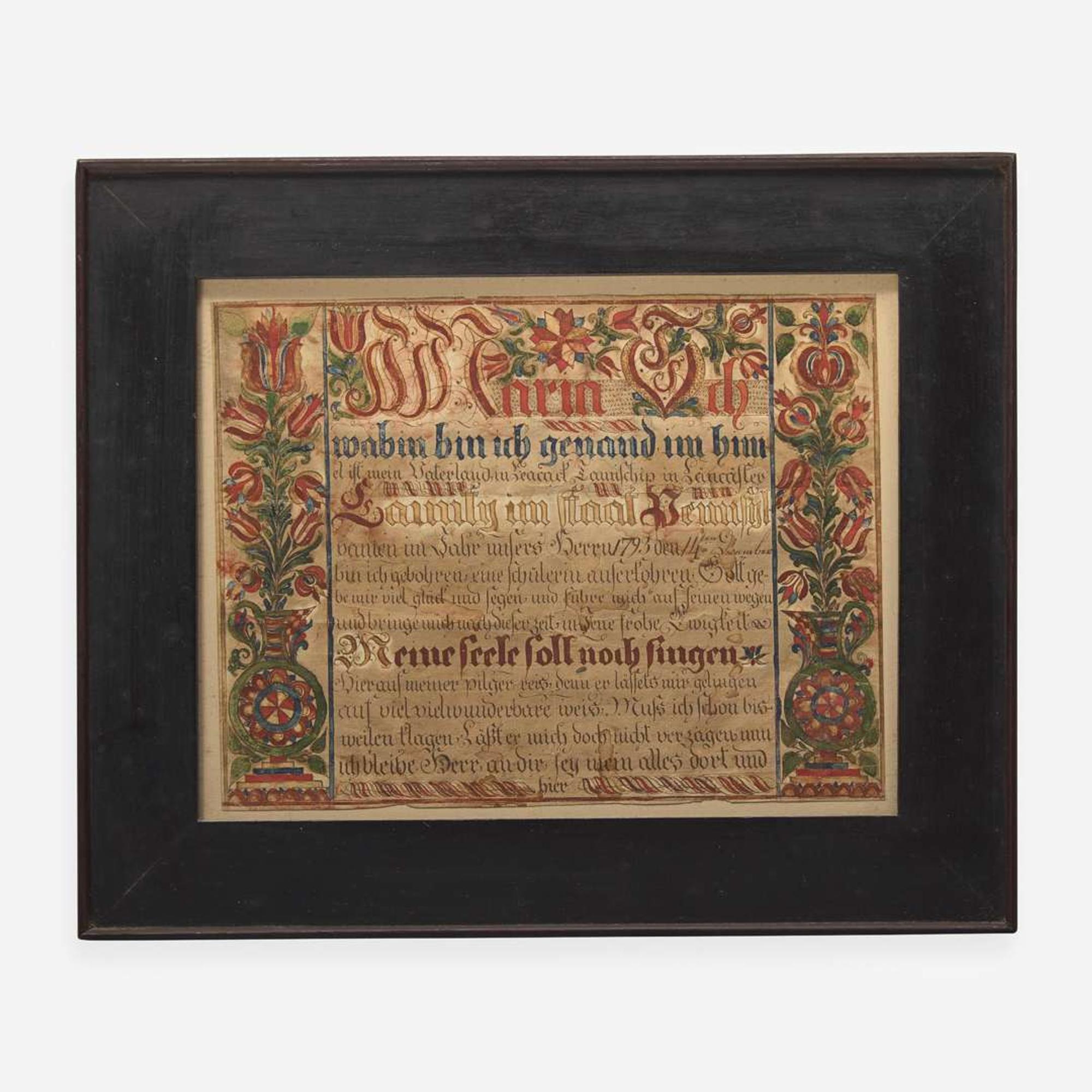 Attributed to the Leacock Township Artist A Fraktur birth record and blessing for Maria Schwab, Leacock Township, Lancaster County, PA, dated "1793"