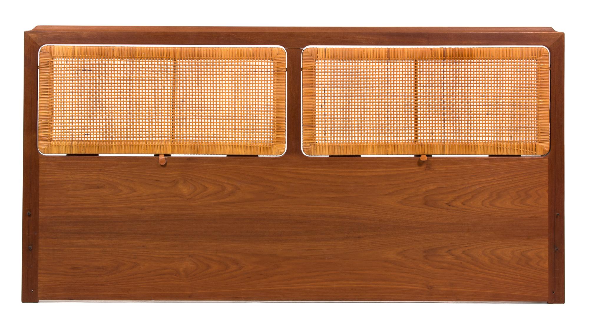 A Modern Scandinavian Teak and Rattan Headboard Height 37 1/2 x width 74 inches. — 20TH CENTURY