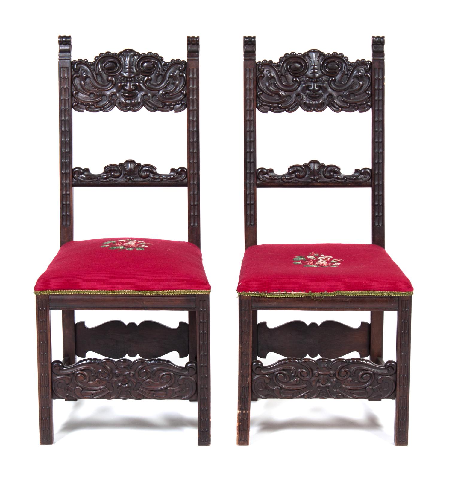 A Pair of Jacobean Side Chairs Height 41 1/4 inches.