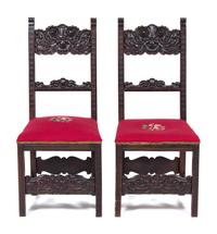 A Pair of Jacobean Side Chairs Height 41 1/4 inches.