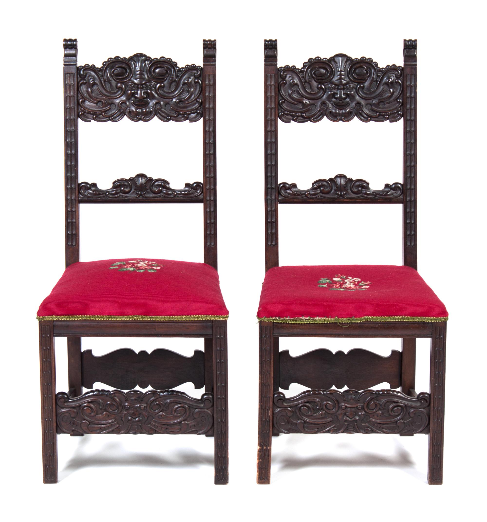 A Pair of Jacobean Side Chairs Height 41 1/4 inches.
