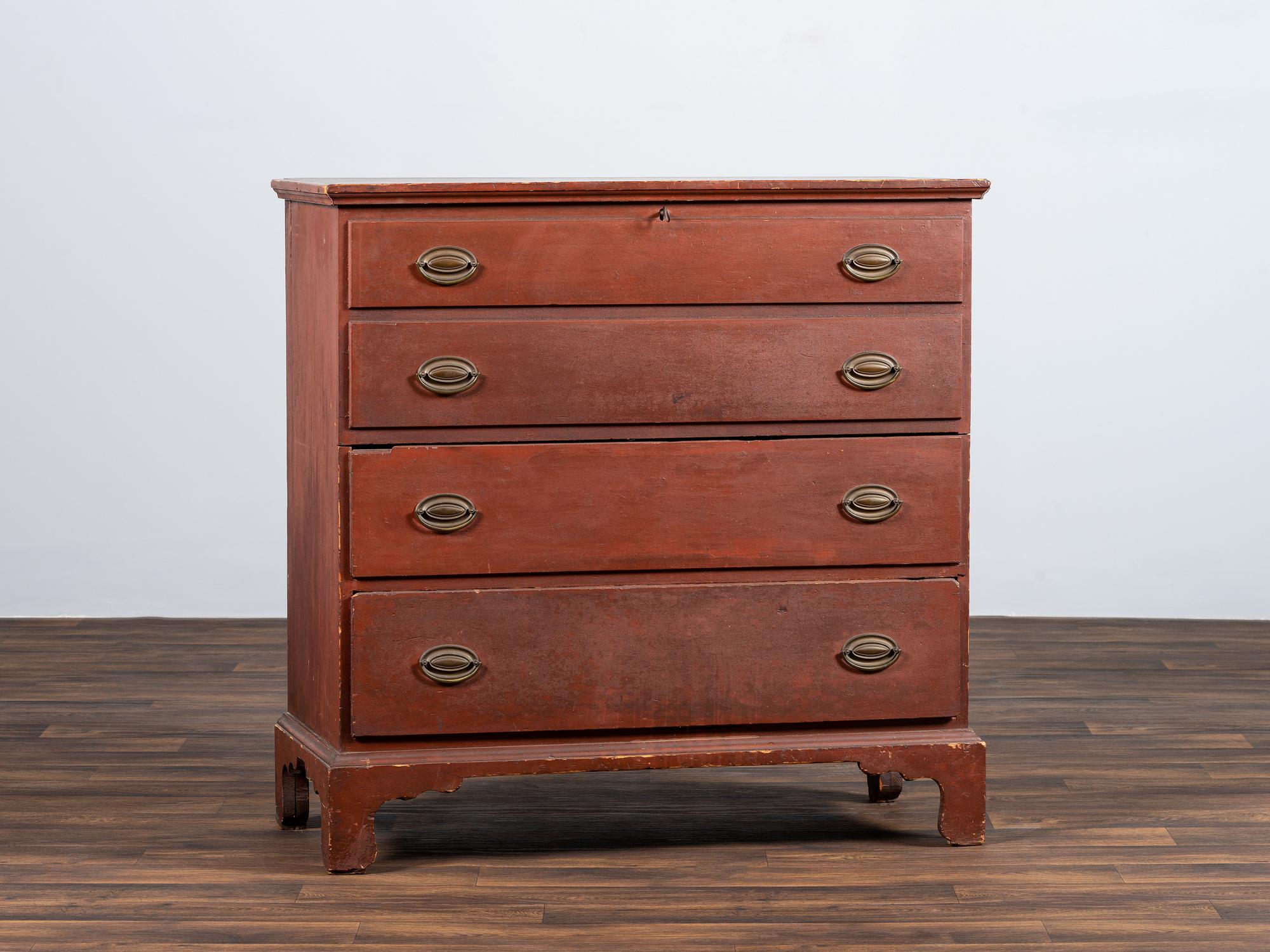 A Chippendale Red-Painted Pine Two Drawer Blanket Chest, or Mule Chest