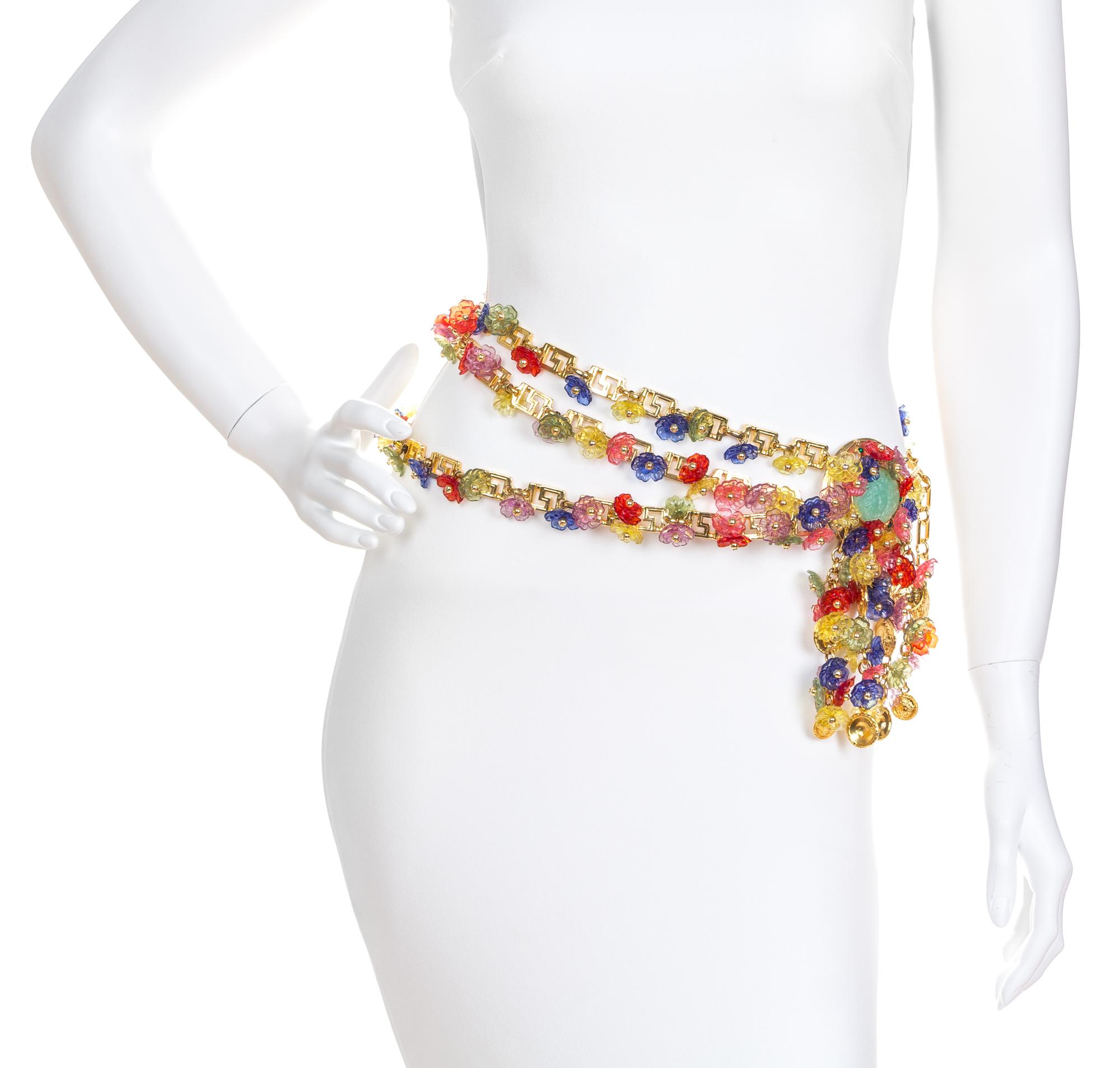 A Gianni Versace Multicolor Floral and Greco Link Triple Strand Belt, Length of shortest strand: 27"- 30"; Medallion: 2.5" x 2.5".