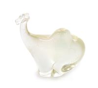 Orient & Flume, Chino, California, a camel iridescent glass paperweight with etched signatures throughout, 1988