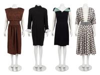Collection of Four Designer Dresses: One Scaasi Two-Piece Ensemble, One Bill Blass, One Louis Feraud, and One Jo Copeland, 1970s