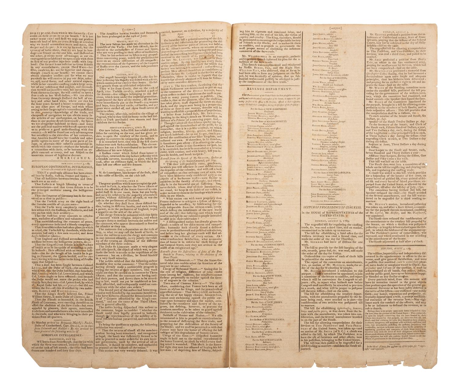[POLITICS]. Gazette of the United States . NO. XXXIII. New York: John Fenno, 5 August 1789. Editorial signed in type by Alexander Hamilton under his pen name.