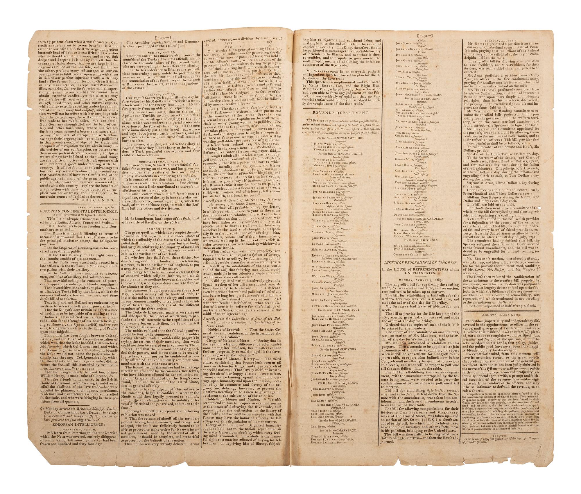 [POLITICS]. Gazette of the United States . NO. XXXIII. New York: John Fenno, 5 August 1789. Editorial signed in type by Alexander Hamilton under his pen name.