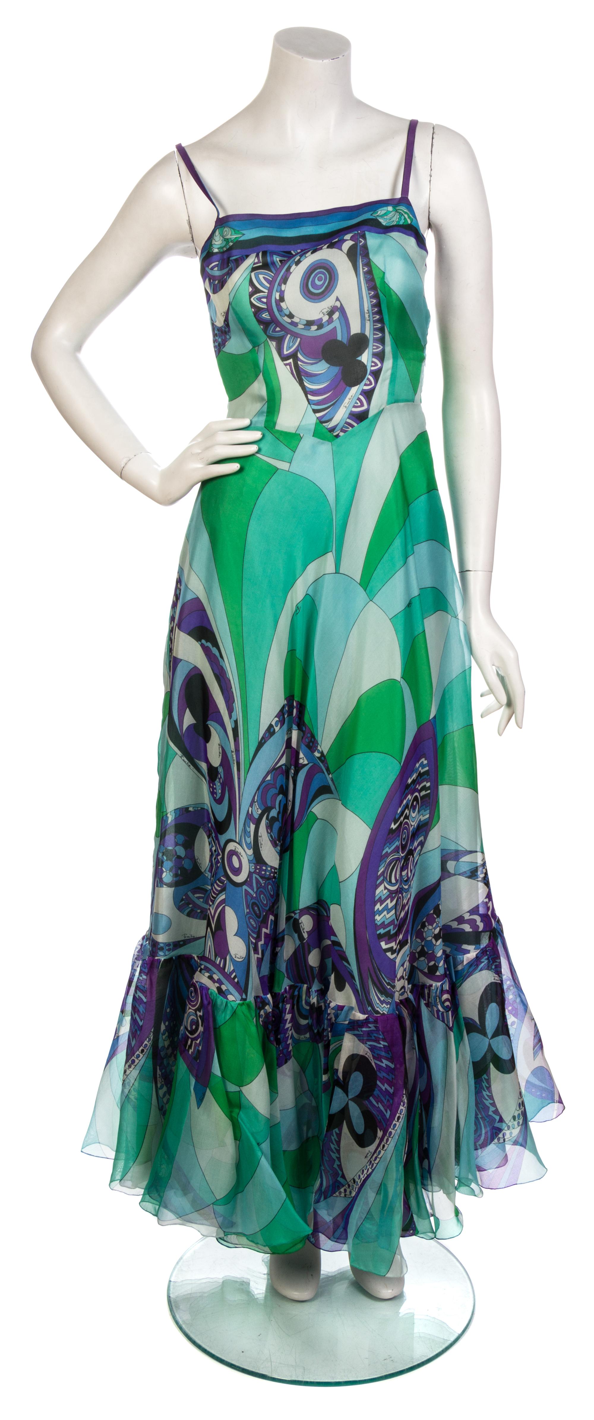 An Emilio Pucci Multicolor Chiffon Print Gown and Shawl, Size 8.