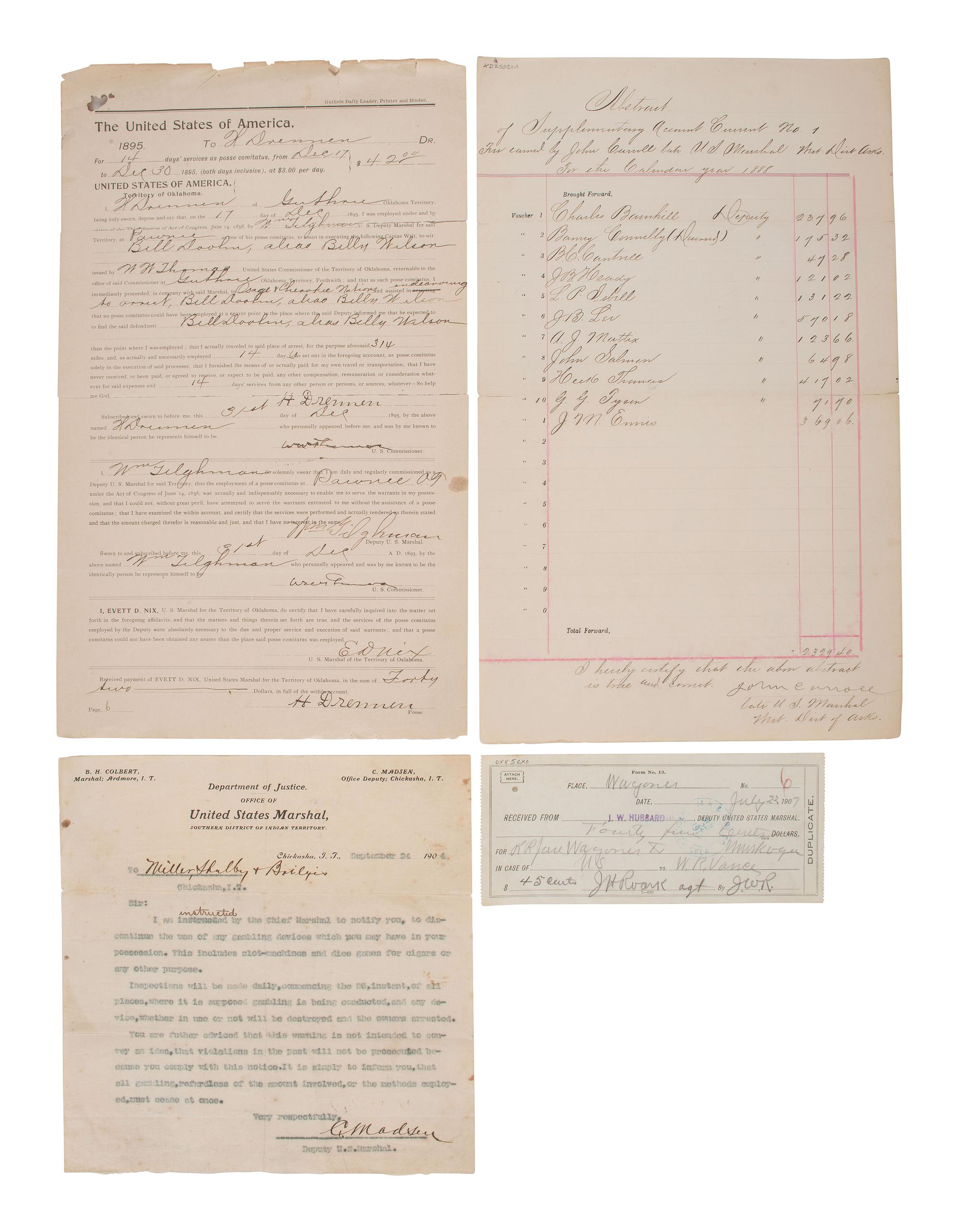 [Western Americana] (Doolin, Bill) Tilghman, William et al. Group of Documents Related to "The Three Guardsmen" U.S. Marshals