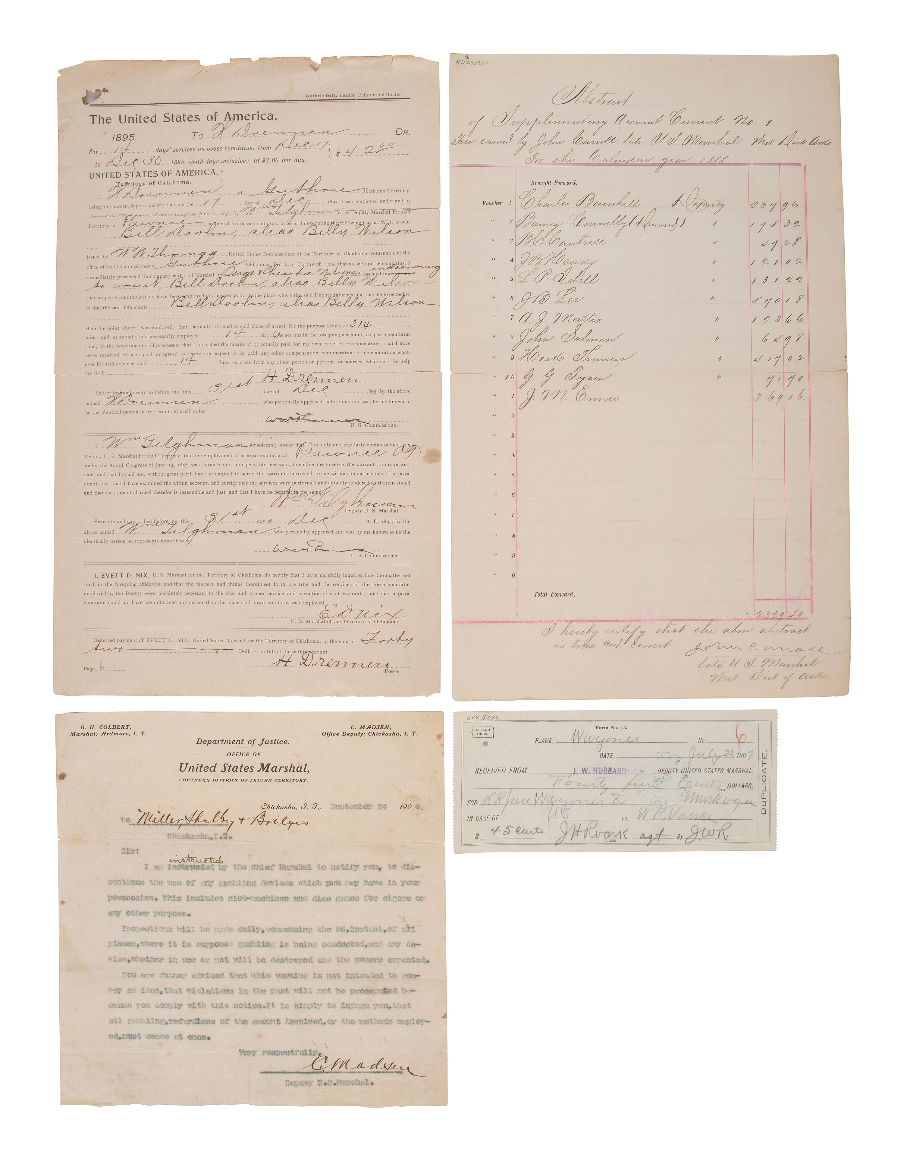 [Western Americana] (Doolin, Bill) Tilghman, William et al. Group of Documents Related to "The Three Guardsmen" U.S. Marshals