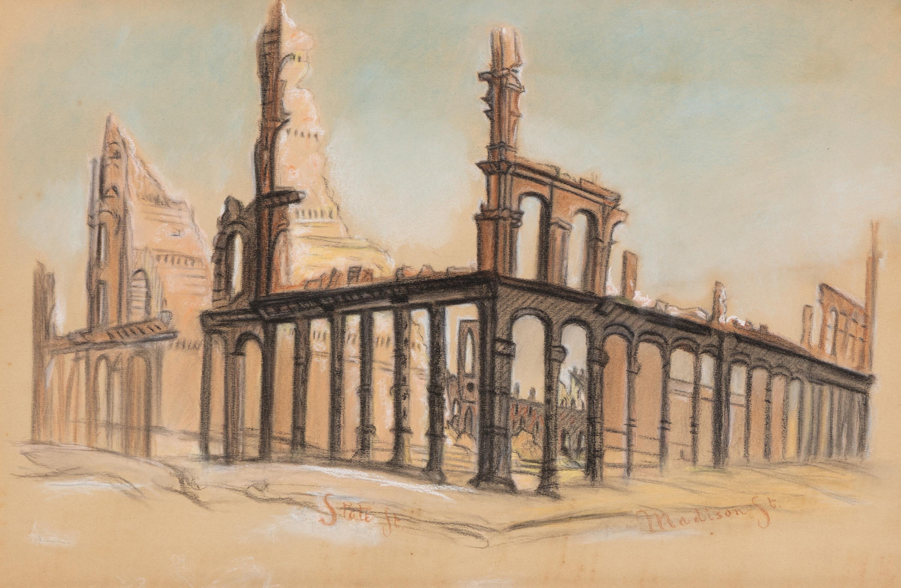 [Chicago Fire]. A group of 10 prints and 2 paintings, showing views of Chicago before and after the Great Fire, including: