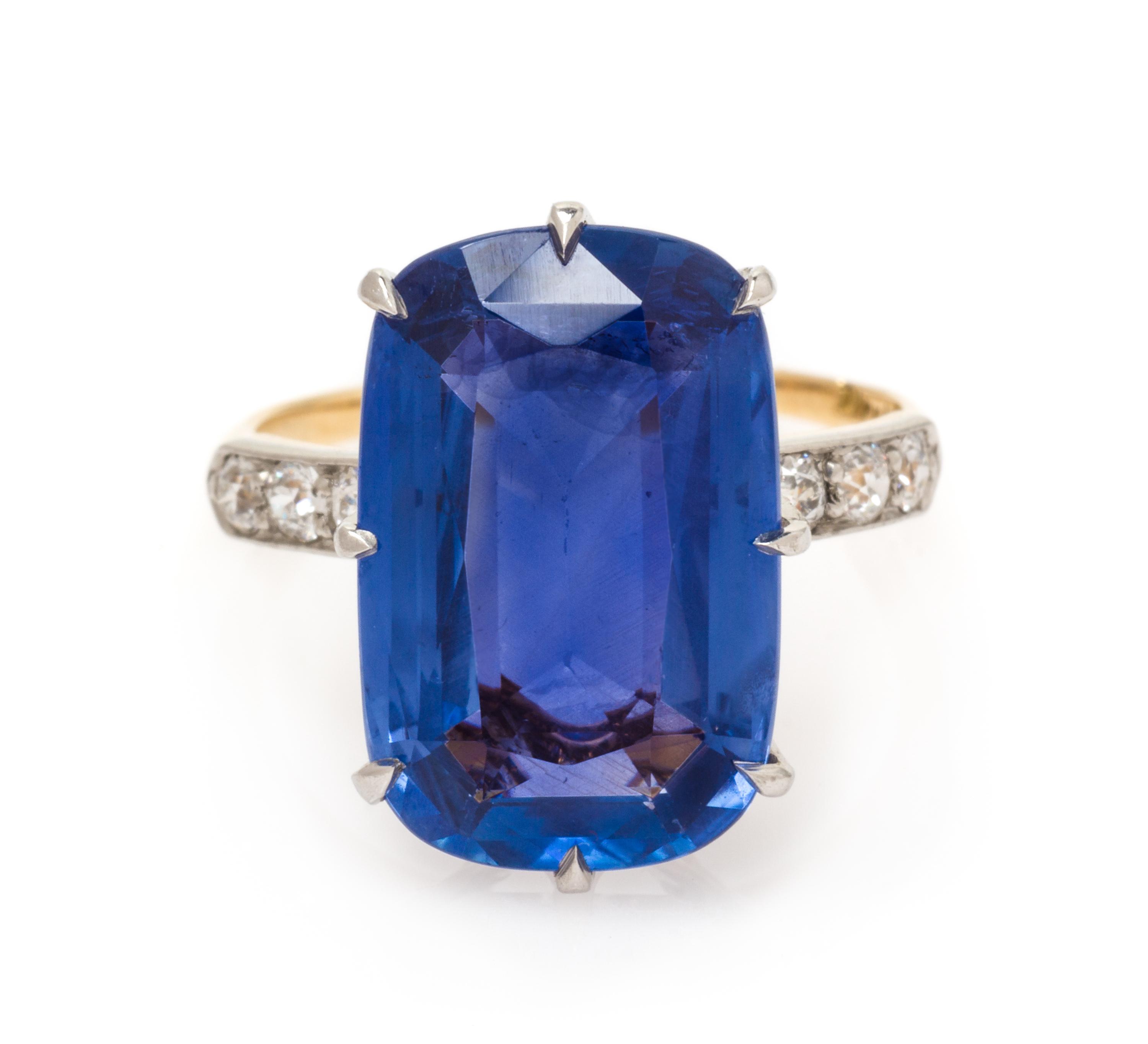 A Platinum Topped Yellow Gold, Ceylon Sapphire and Diamond Ring, Tiffany & Co. Mounting, 2.50 dwts.