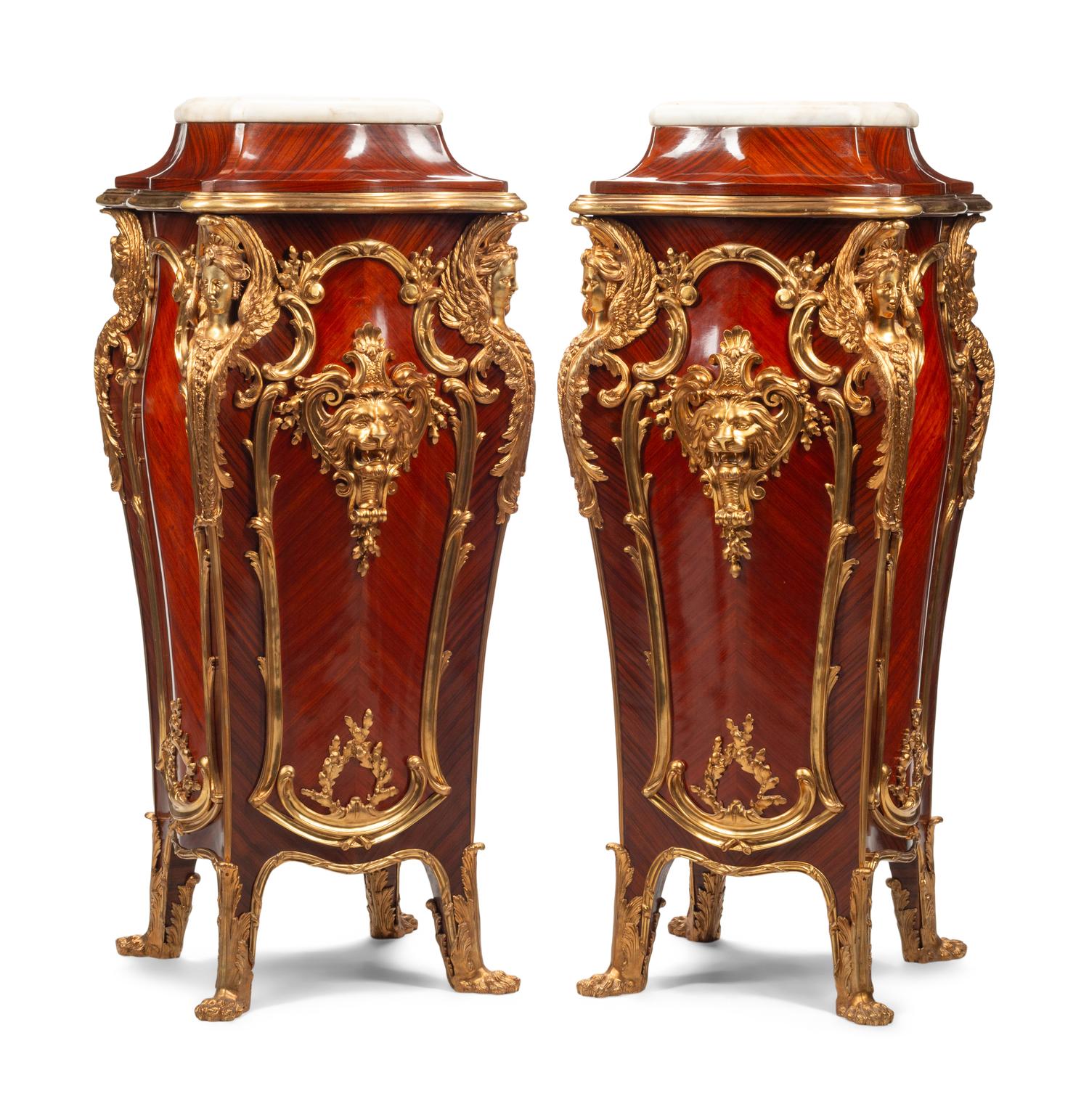 A Pair of Louis XV Style Gilt Bronze Mounted Kingwood Marble-Top Pedestals