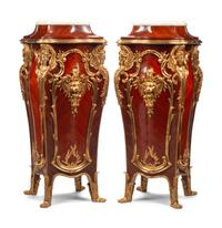 A Pair of Louis XV Style Gilt Bronze Mounted Kingwood Marble-Top Pedestals