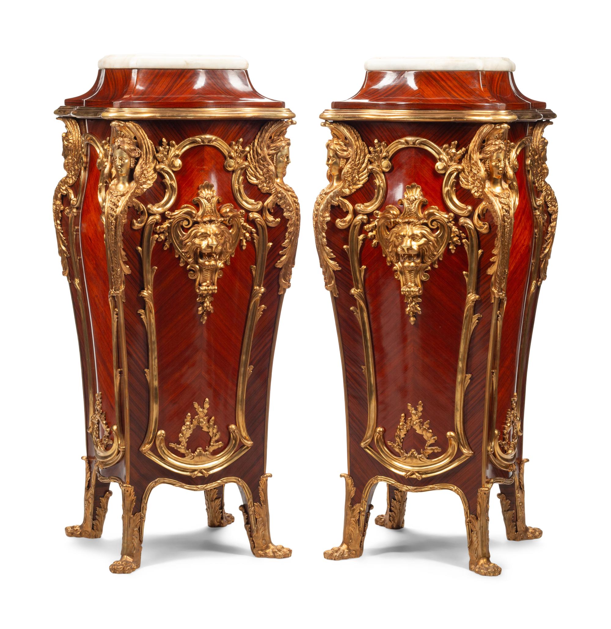 A Pair of Louis XV Style Gilt Bronze Mounted Kingwood Marble-Top Pedestals