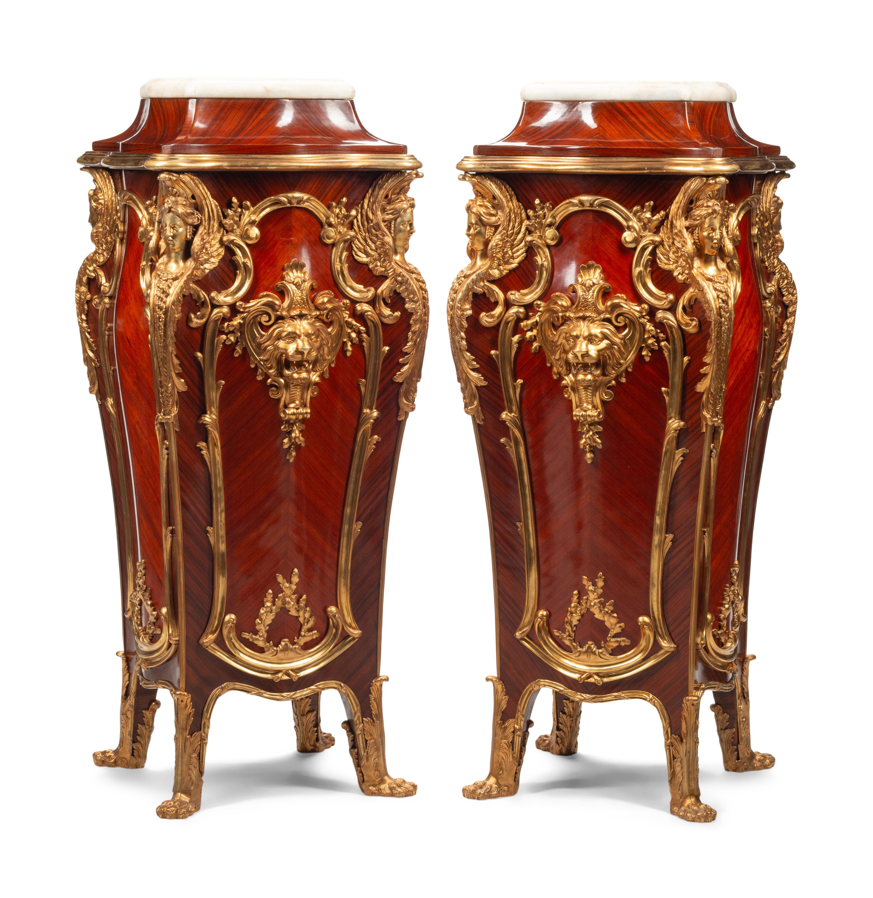 A Pair of Louis XV Style Gilt Bronze Mounted Kingwood Marble-Top Pedestals
