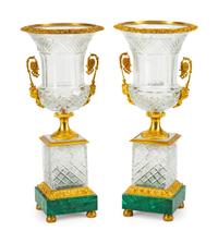 A Pair of Neoclassical Style Gilt-Bronze-Mounted Cut-Glass and Malachite Urns on Stands