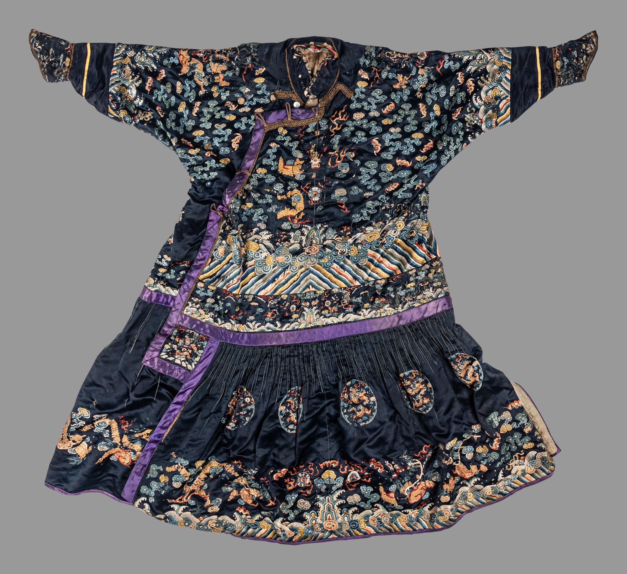 A Chinese Navy Blue Ground Embroidered Silk Court Robe, Chaofu