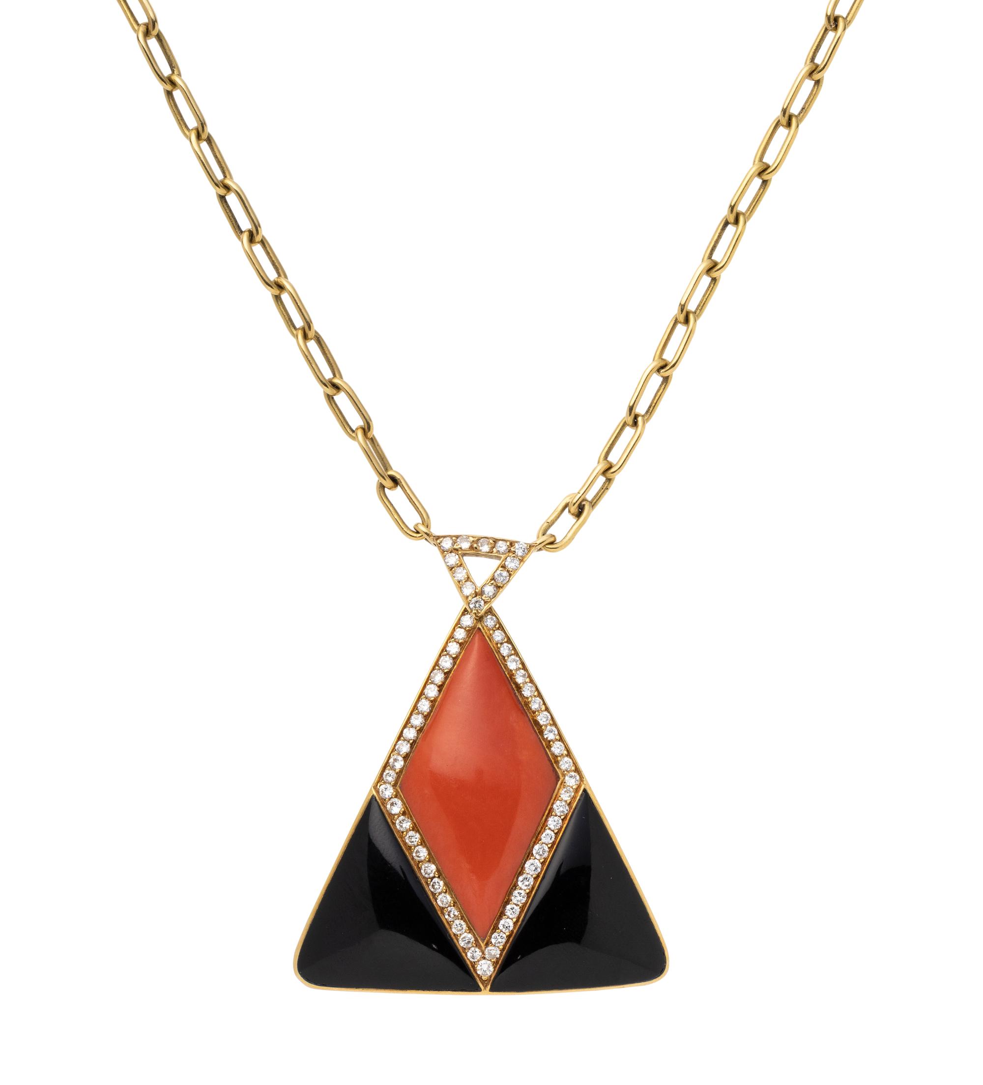 YELLOW GOLD, DIAMOND, CORAL AND ONYX NECKLACE