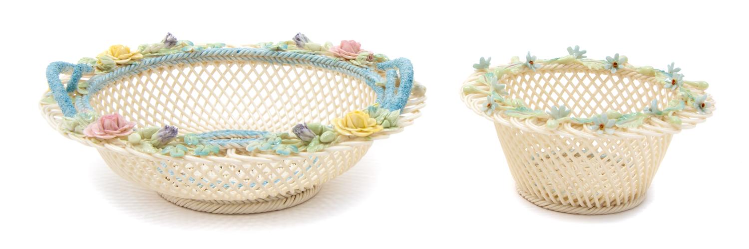 Two Belleek Four Strand Baskets Diameter 9 inches. — BELLEEK (R) IRELAND B44 TWO PAD MARK AND BELLEEK (R) ONE PAD MARK