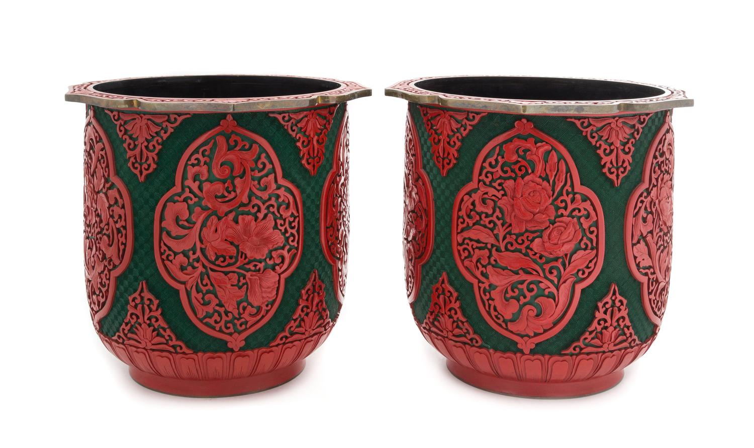 A Pair of Carved Red Lacquered Cachepots — MODERN
