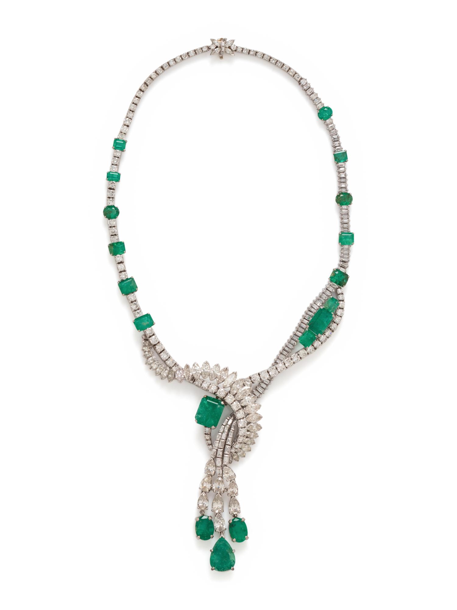 PLATINUM, EMERALD AND DIAMOND NECKLACE