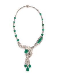 PLATINUM, EMERALD AND DIAMOND NECKLACE