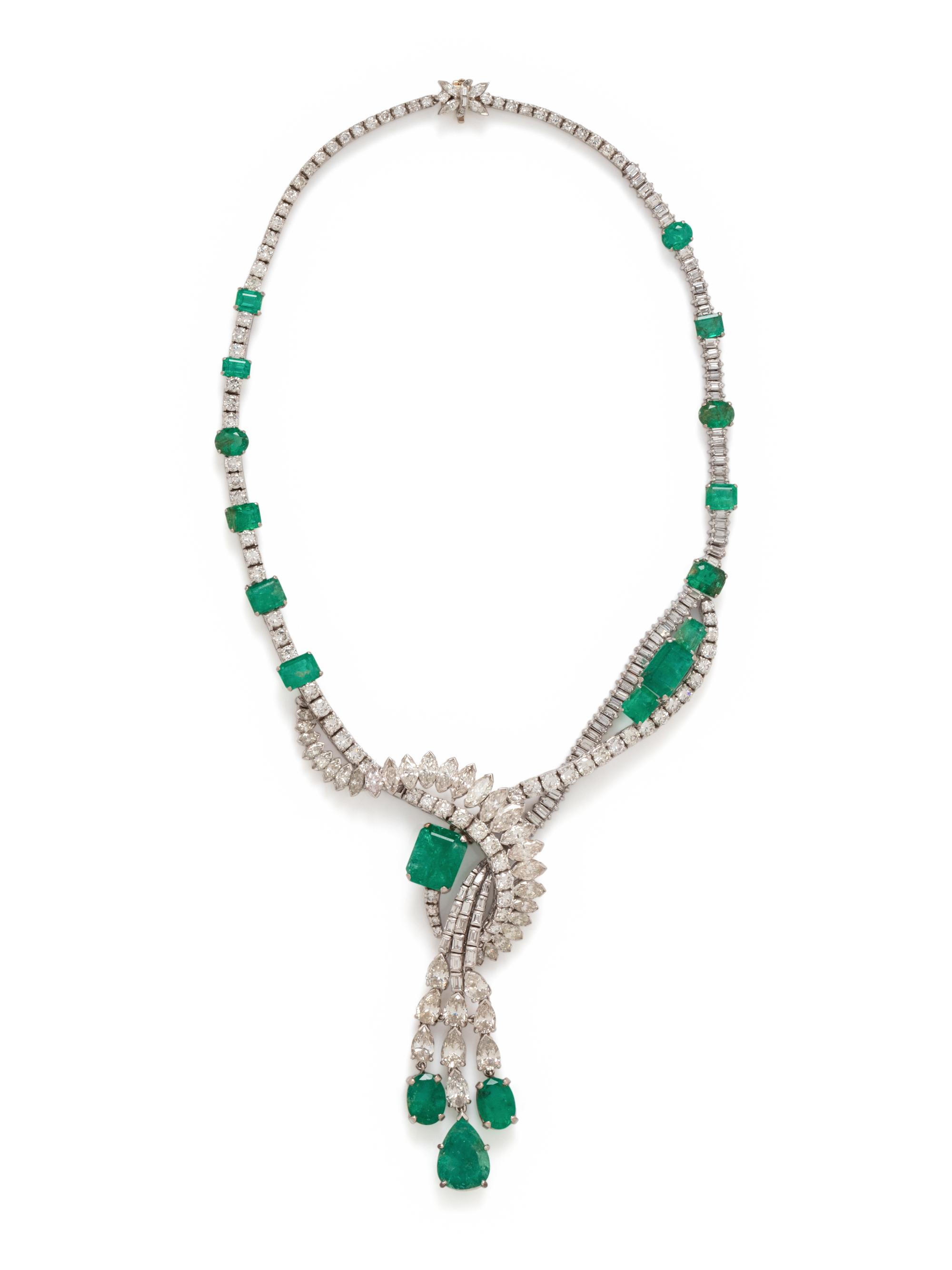 PLATINUM, EMERALD AND DIAMOND NECKLACE