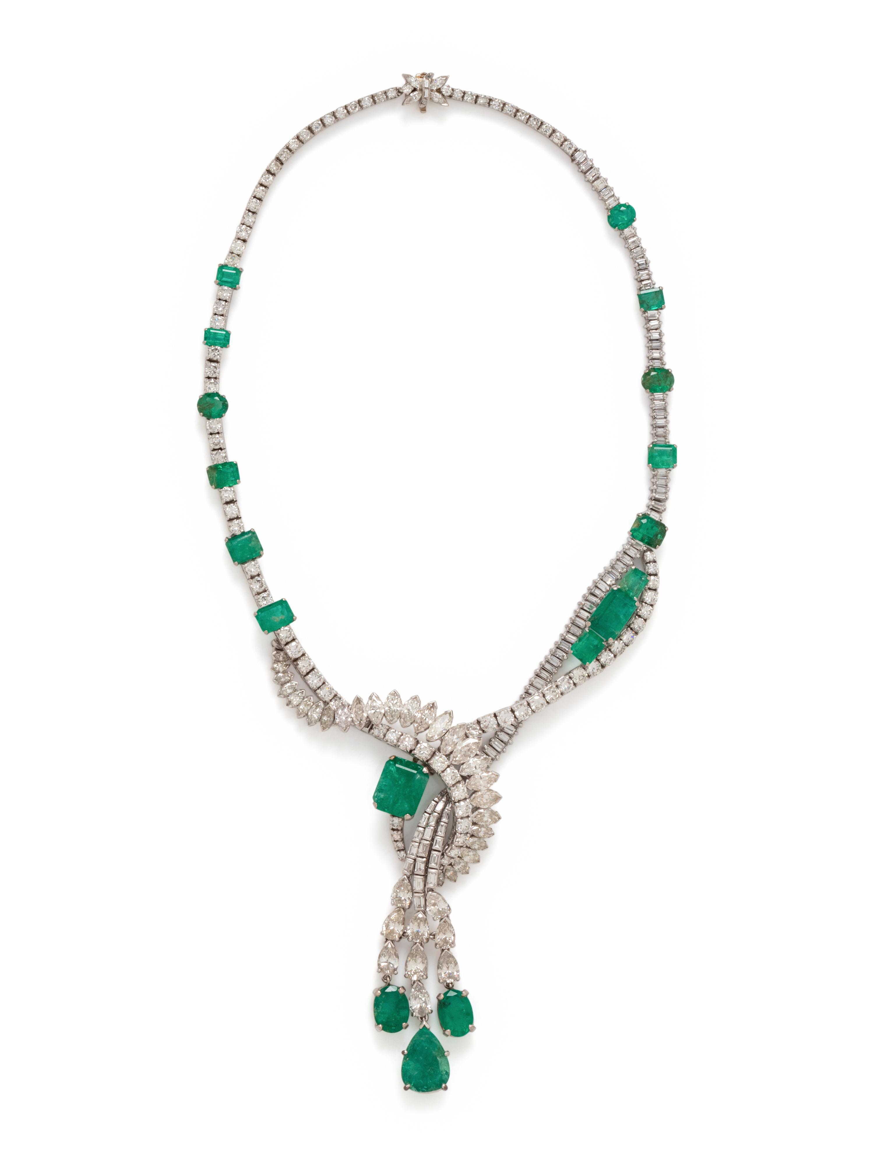 PLATINUM, EMERALD AND DIAMOND NECKLACE