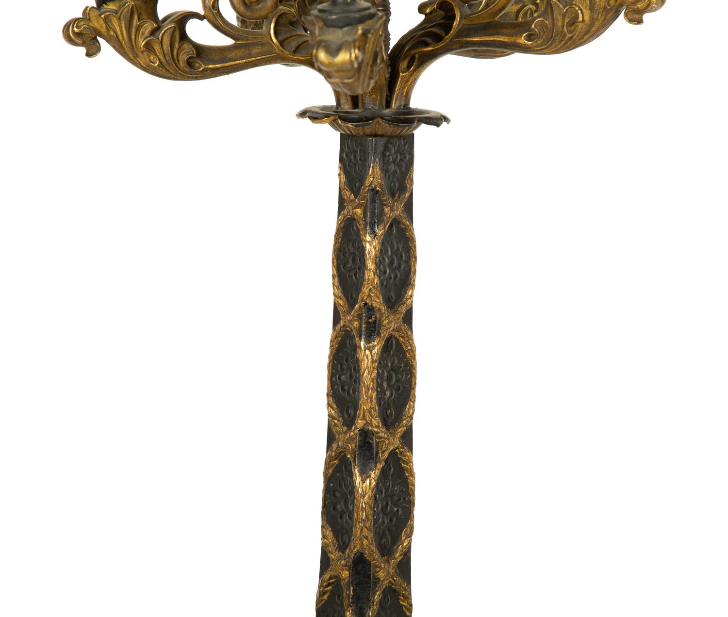 A Pair of Continental Gilt and Patinated Bronze Candelabra Mounted as Lamps — 20TH CENTURY