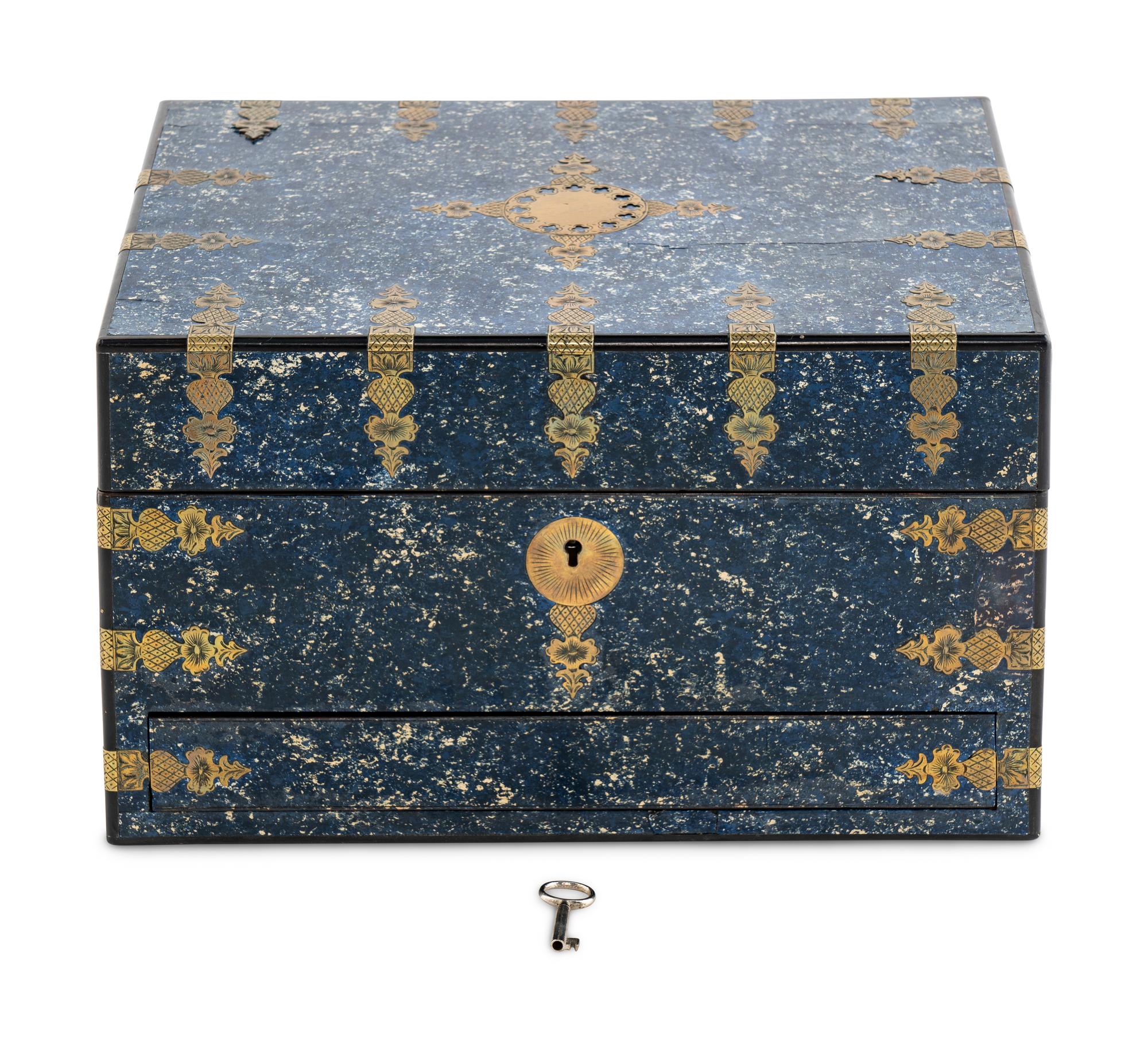 An English Faux Lapis Lazuli Brass Mounted Jewelry Casket