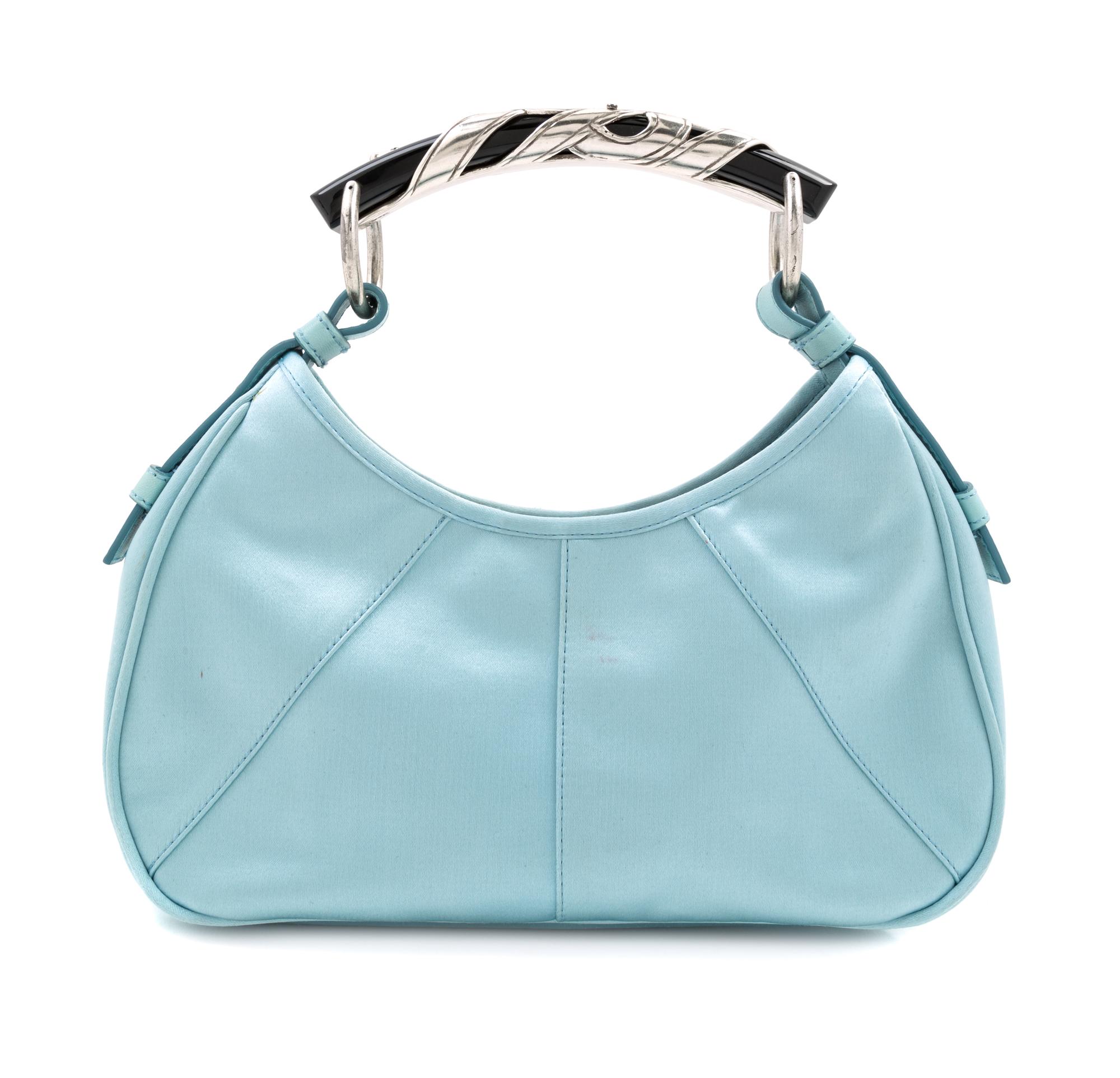 A Tom Ford for Yves Saint Laurent Blue Satin Mombasa Bag, 10" x 5" x 2.5"; Handle drop: 4".