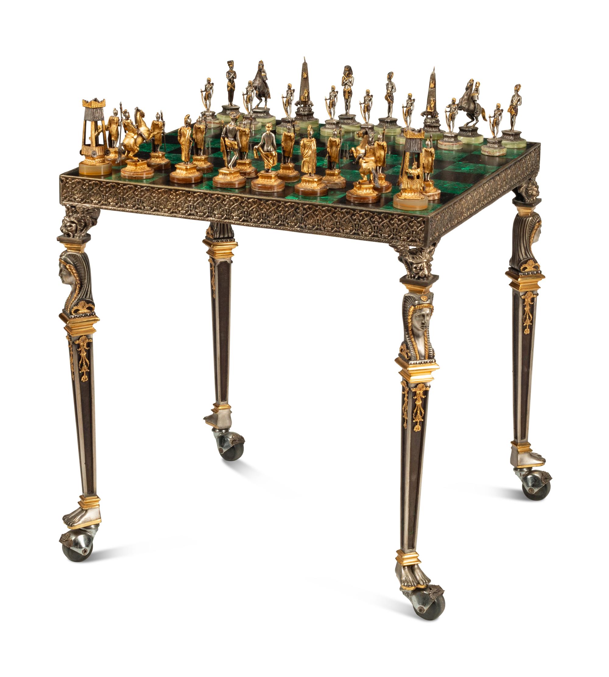 An Italian Gilt and Silvered Bronze Chess Set and Table