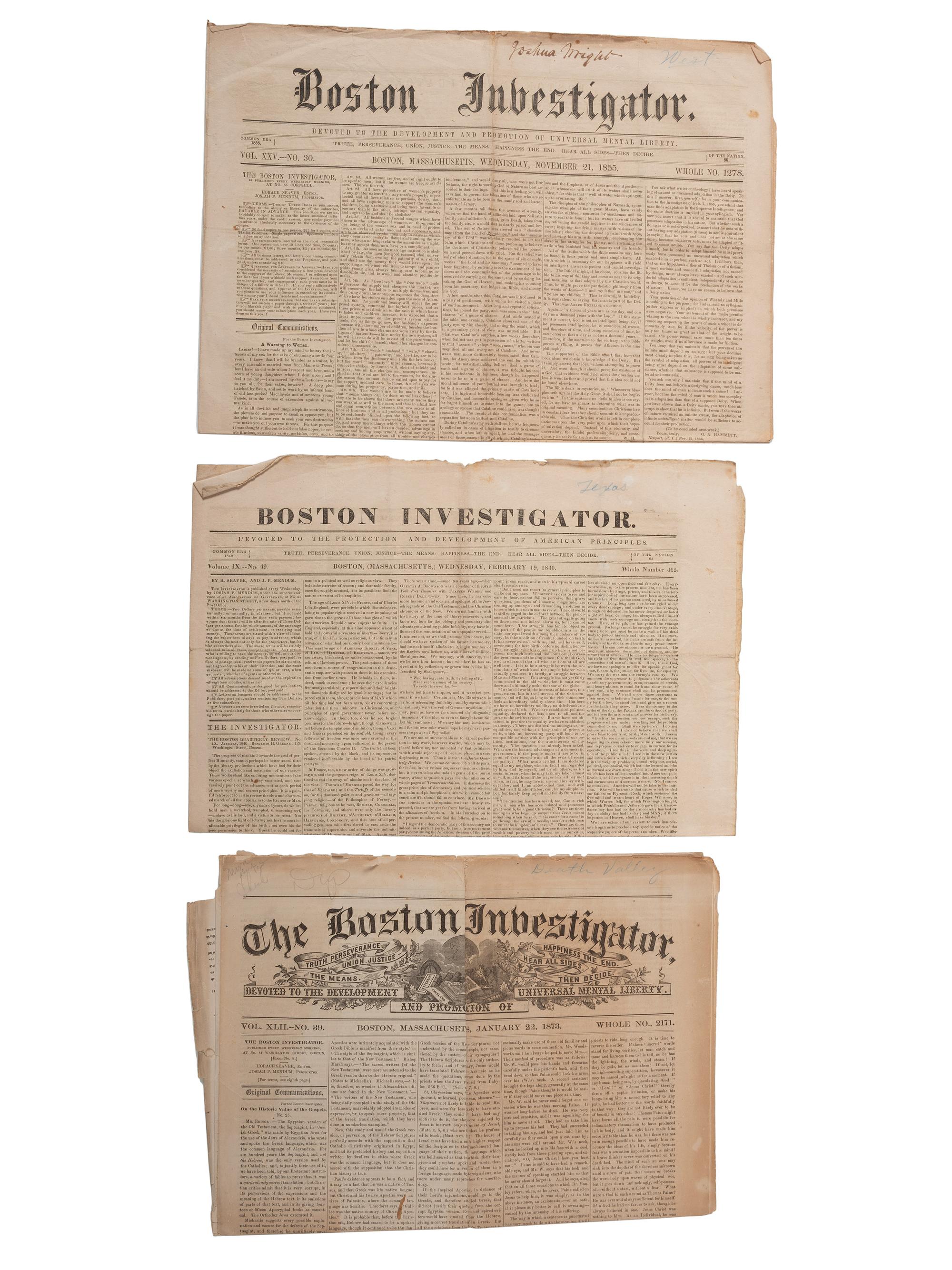 [WESTERN AMERICANA - NEWSPAPERS]. A group of mid-19th century newspapers featuring reporting on Texas, the West, Nevada mining, and Native Americans, comprising: