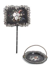 A Victorian Mother-of-Pearl Inlaid Fan and Dish Length of longest 17 inches.