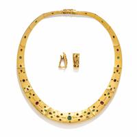 YELLOW GOLD, MULTIGEM, AND DIAMOND EARRINGS AND NECKLACE