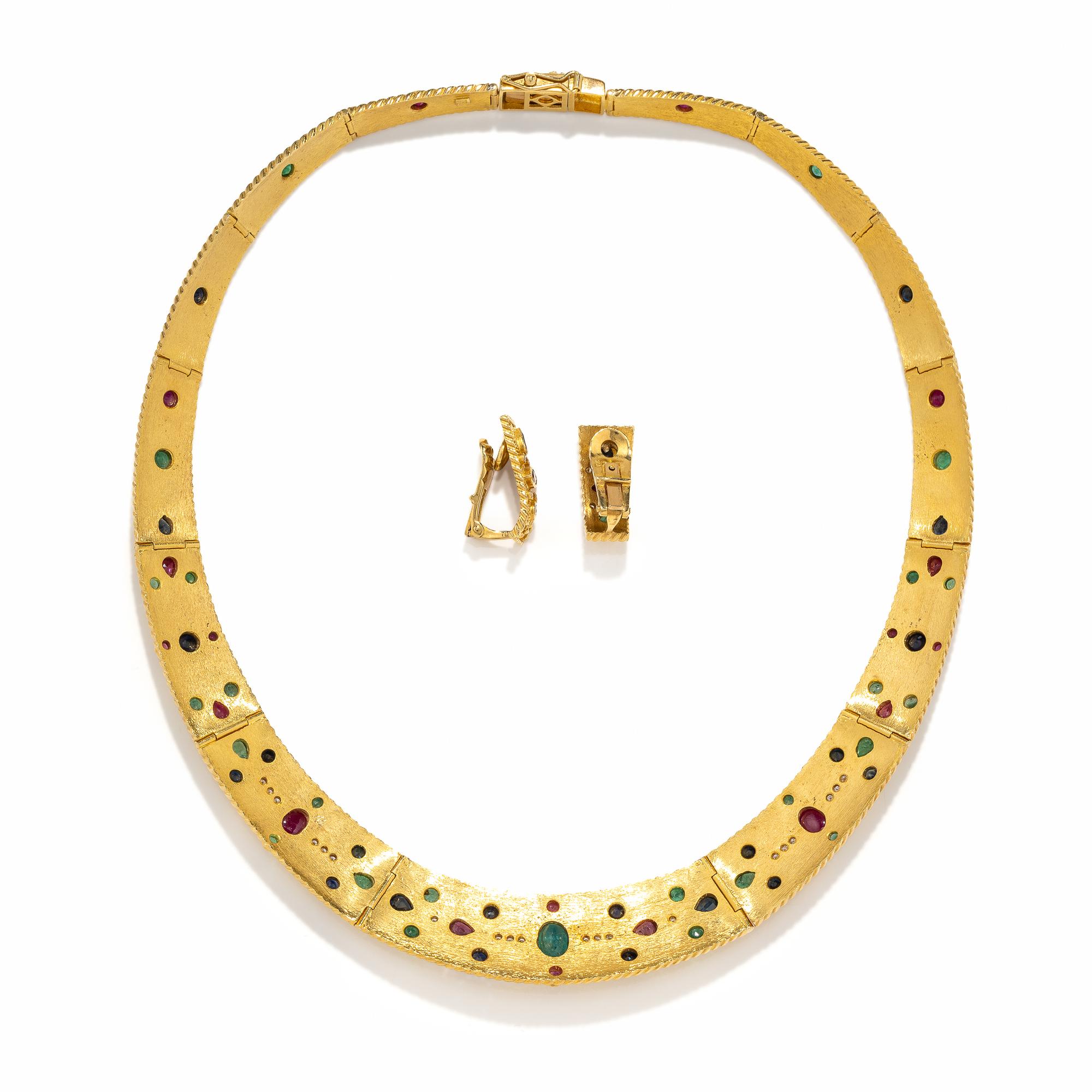 YELLOW GOLD, MULTIGEM, AND DIAMOND EARRINGS AND NECKLACE