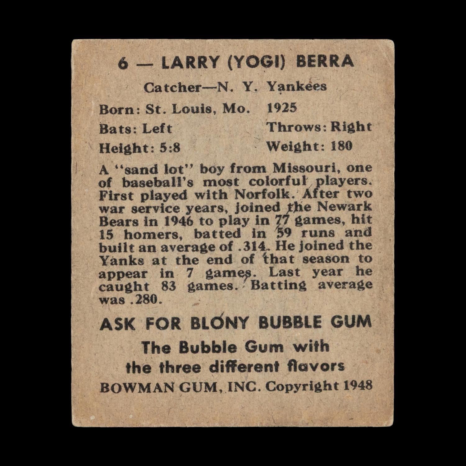 A 1948 Bowman Yogi Berra Rookie Baseball Card No. 6