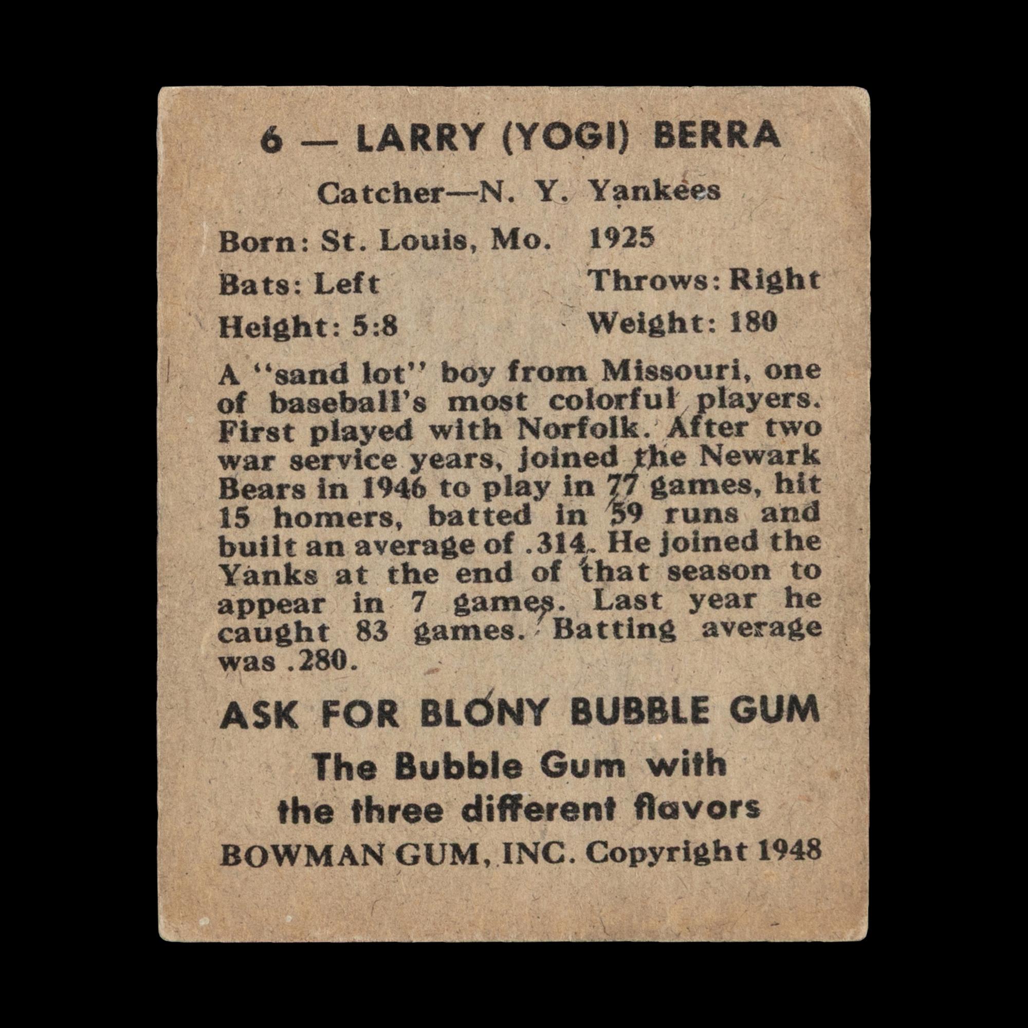 A 1948 Bowman Yogi Berra Rookie Baseball Card No. 6