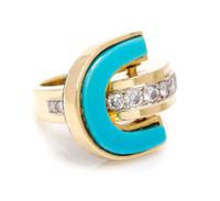 A Yellow Gold, Diamond, Turquoise, and Lapis Lazuli Flip Ring, 8.50 dwts.