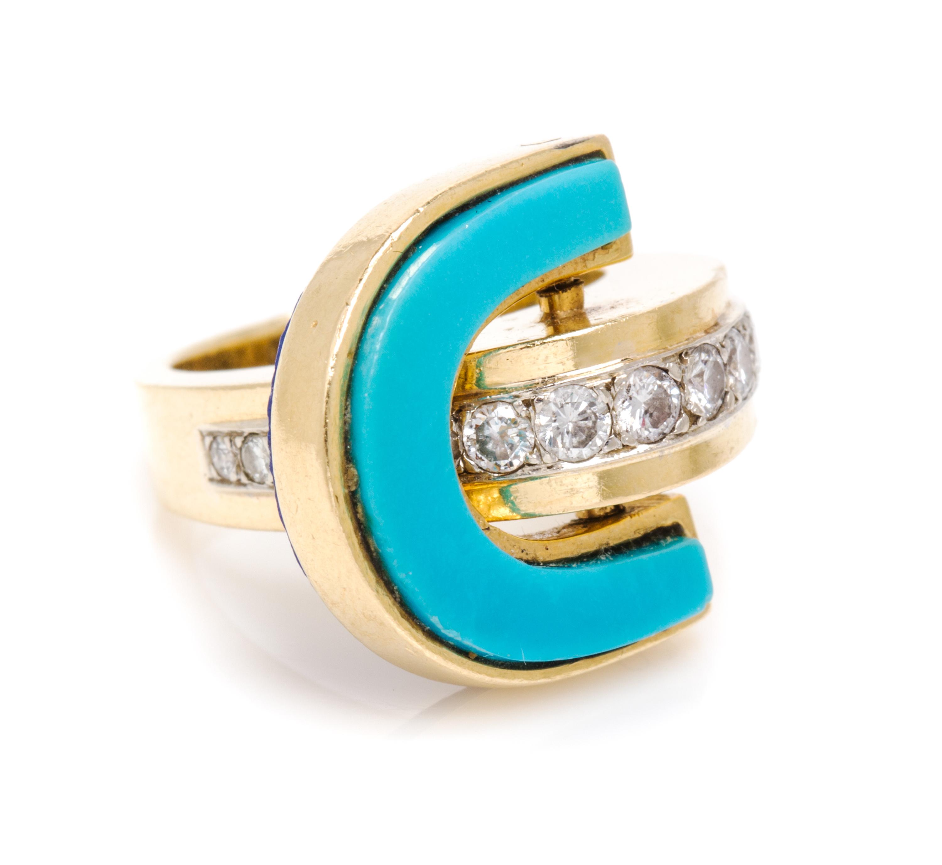 A Yellow Gold, Diamond, Turquoise, and Lapis Lazuli Flip Ring, 8.50 dwts.