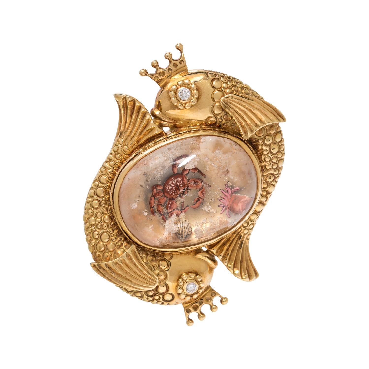 ELIZABETH GAGE, YELLOW GOLD, CRYSTAL AND DIAMOND FISH BROOCH