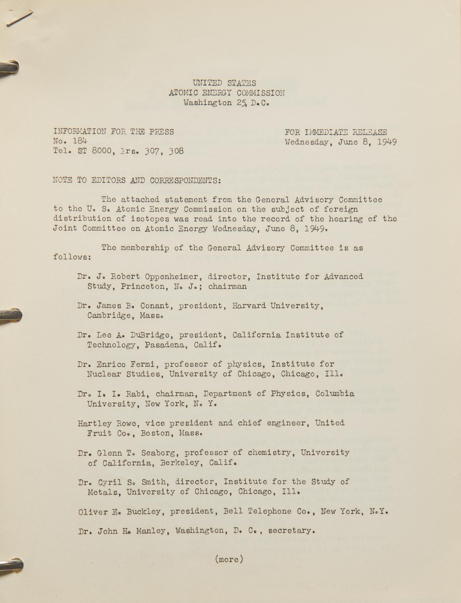 [Atomic Energy Commission] Collection of Press Releases and Reports, 1948-52