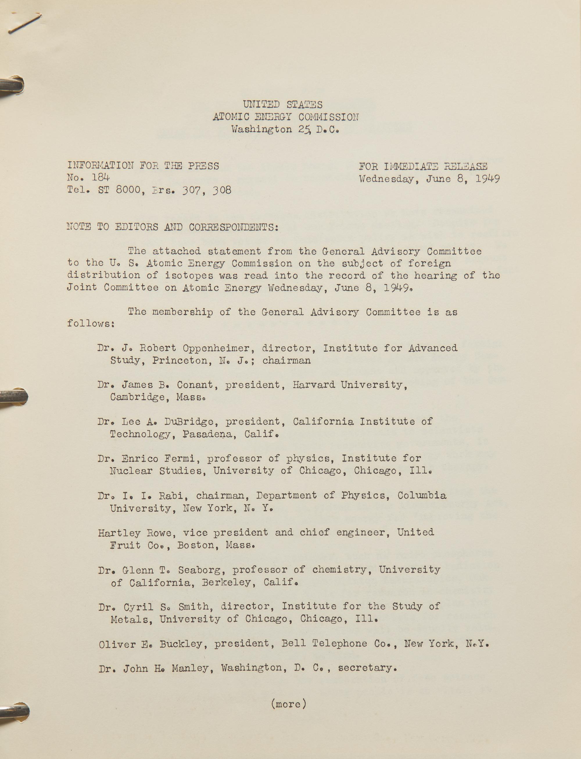 [Atomic Energy Commission] Collection of Press Releases and Reports, 1948-52