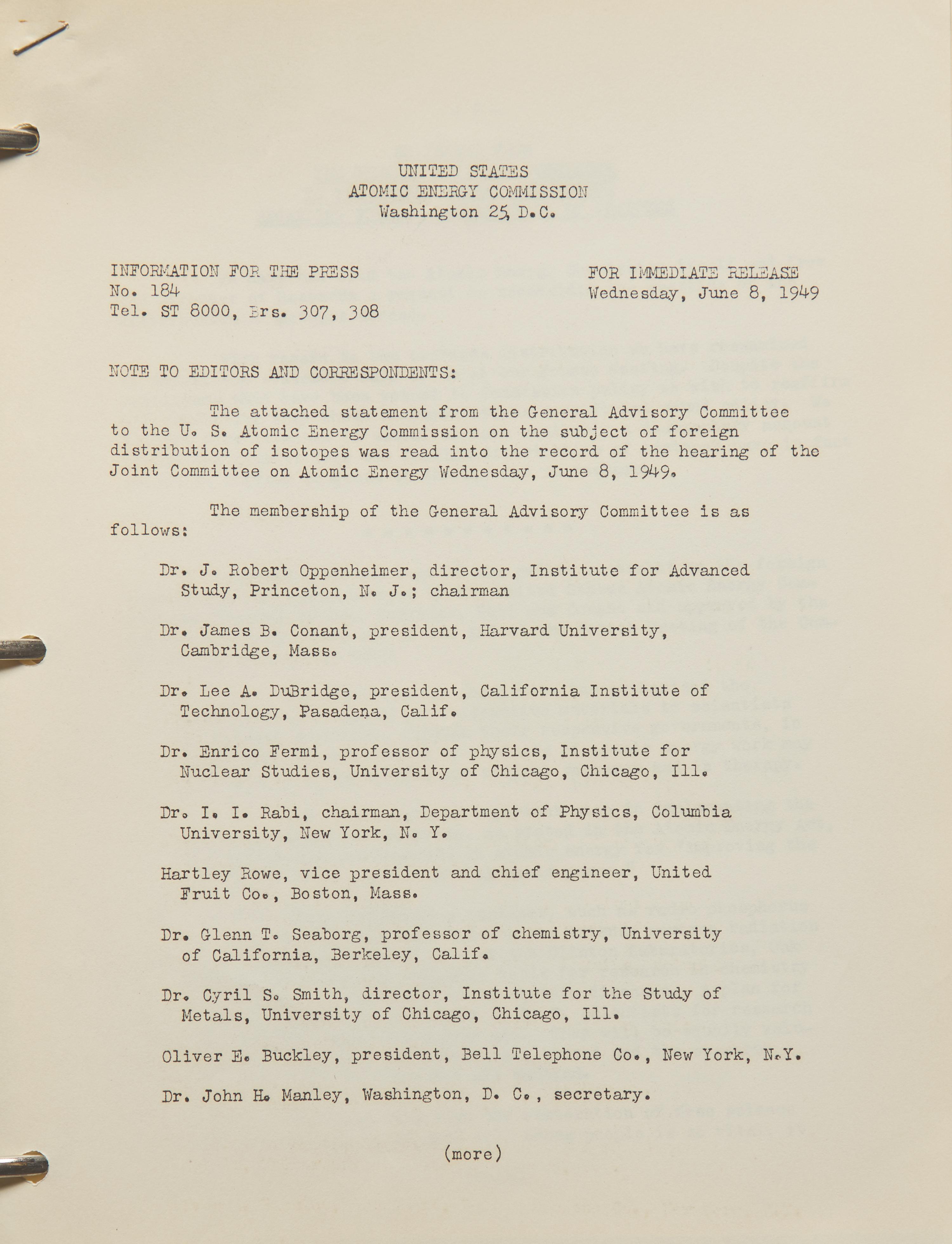 [Atomic Energy Commission] Collection of Press Releases and Reports, 1948-52