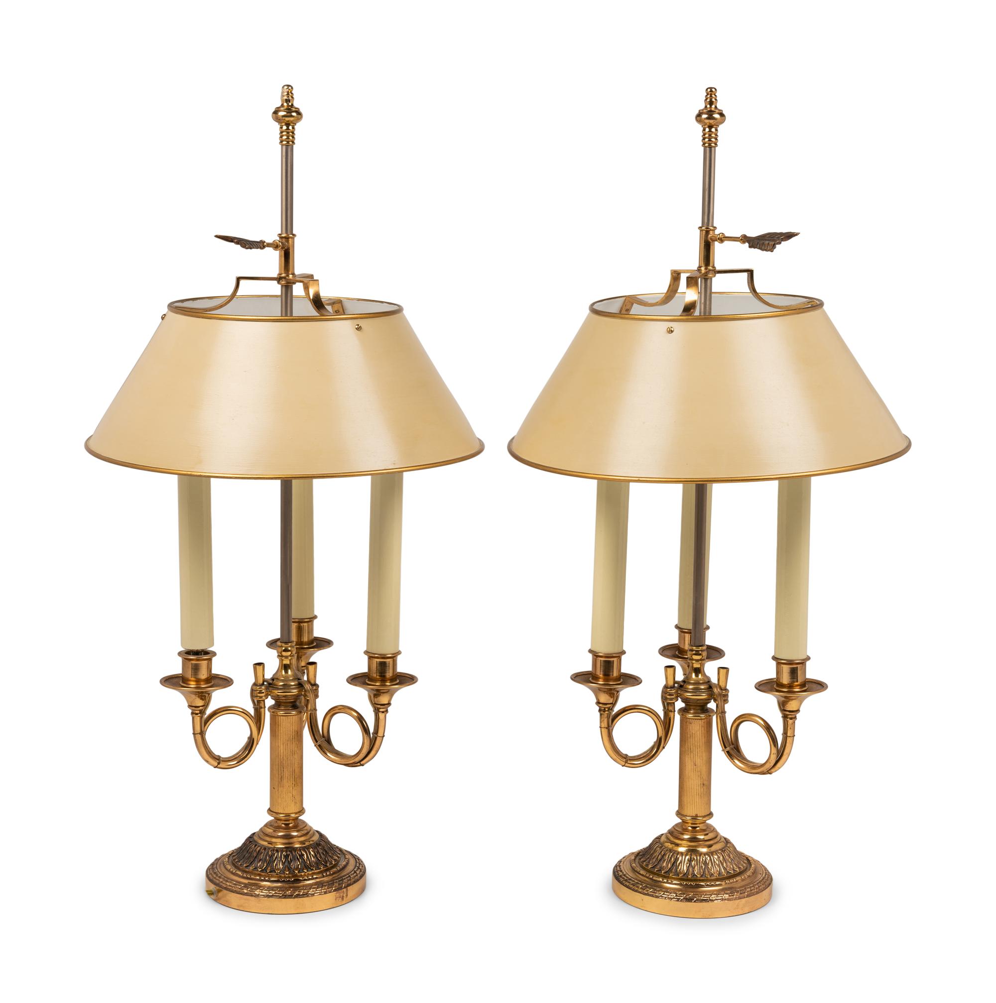 A Pair of Gilt Metal and Tôle Bouillotte Lamps