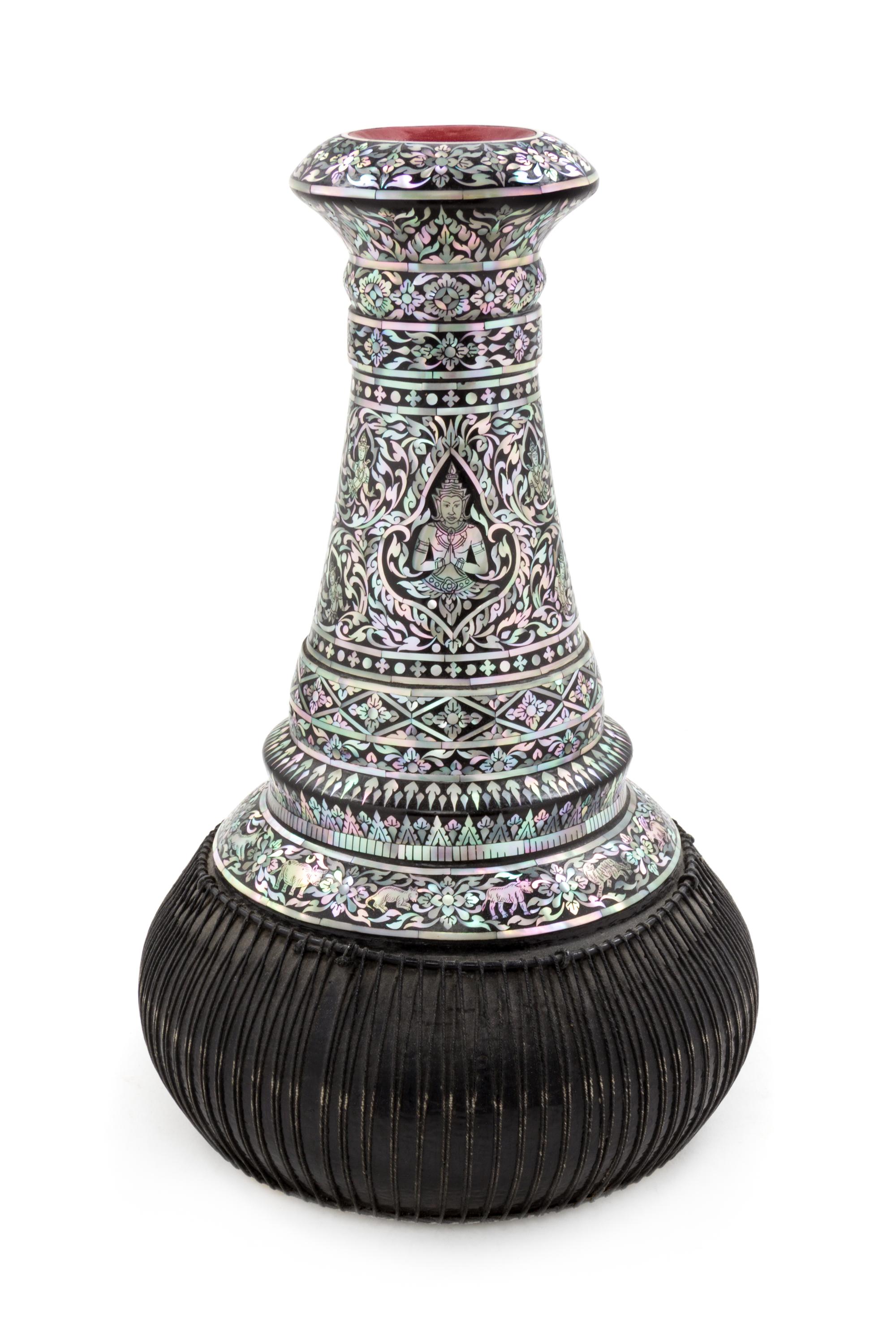 A Thai Mother-of-Pearl Inlaid Lacquer Goblet Drum Height 15 inches. — EARLY 20TH CENTURY