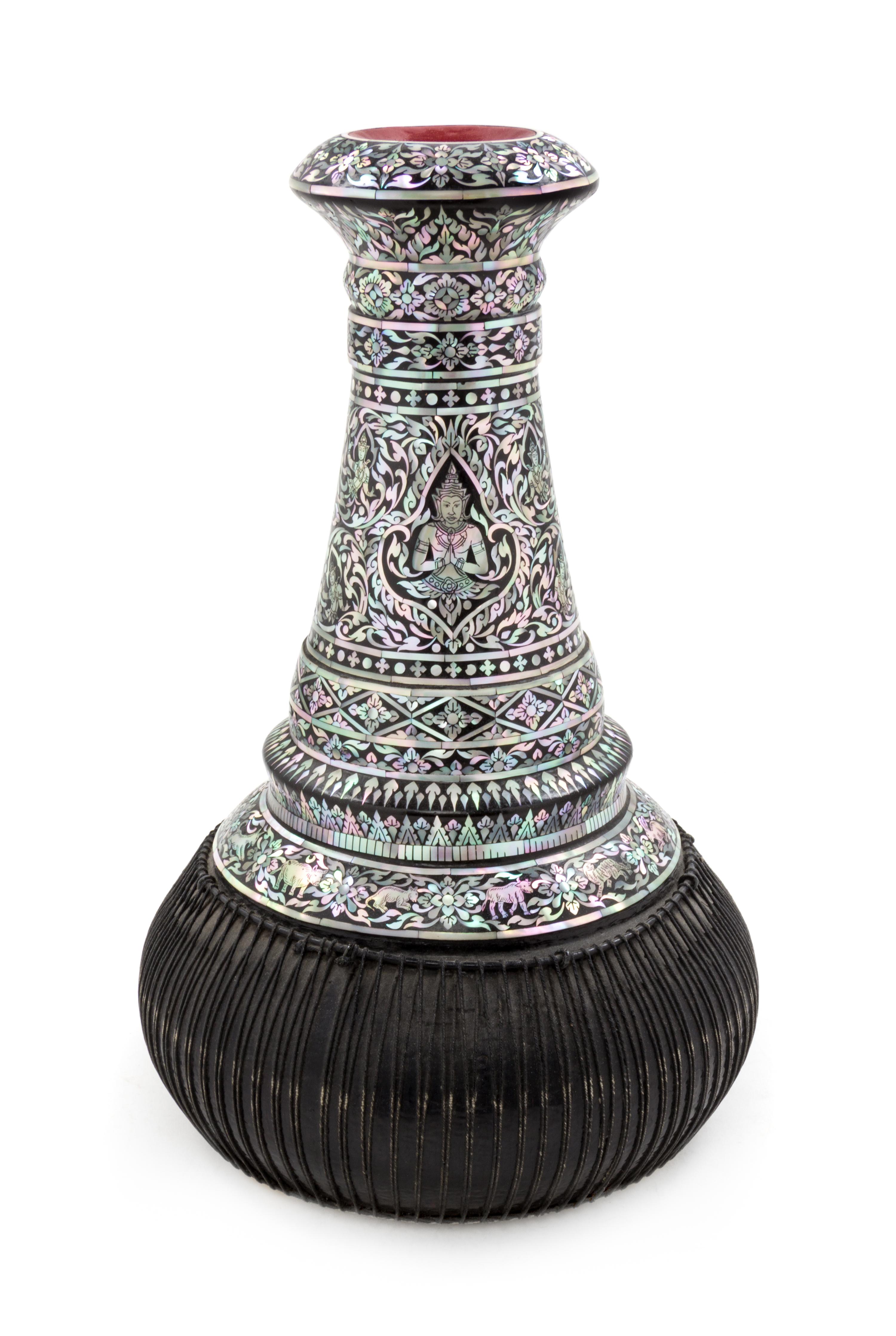 A Thai Mother-of-Pearl Inlaid Lacquer Goblet Drum Height 15 inches. — EARLY 20TH CENTURY